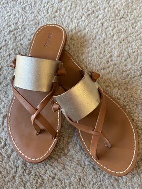 Soludos Gold and Tan Leather Slide Sandals - Women's Casual Slides, size 8.5